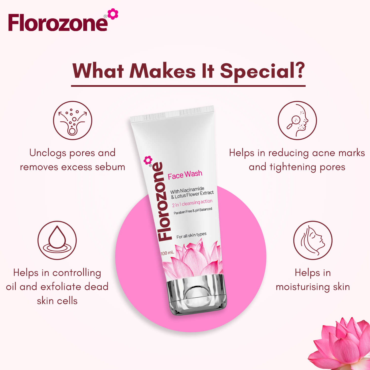 Florozone Face wash with Lotus Flower extract & Niacinamide